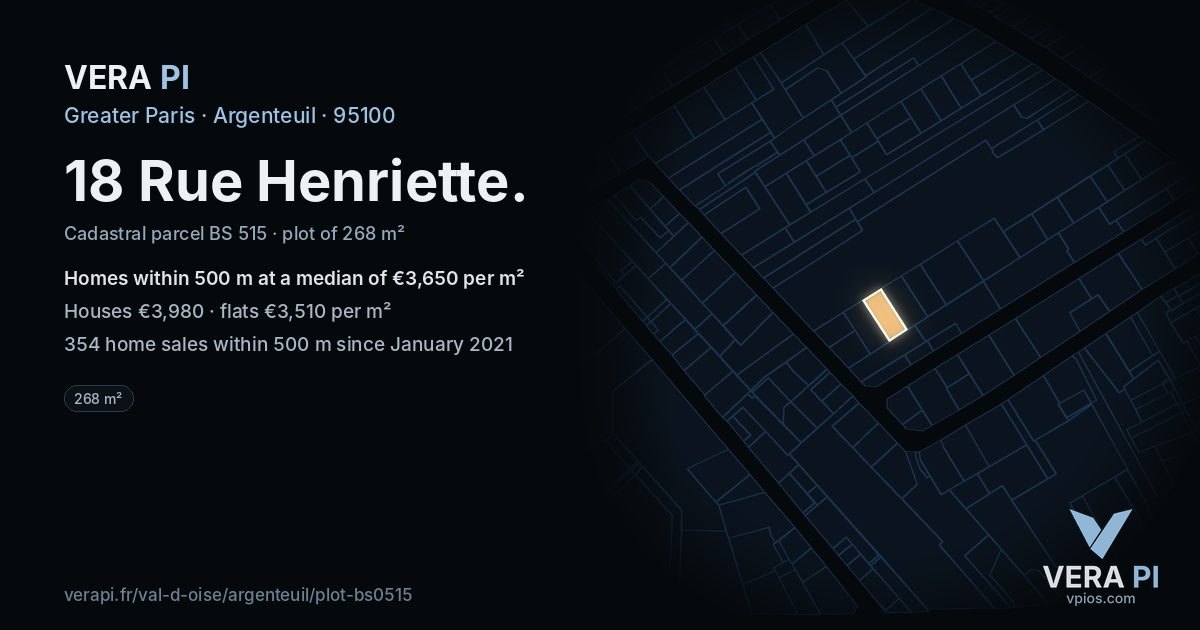 18 Rue Henriette, Argenteuil at night – the plot lit, the parcels around coloured by the prices near them
