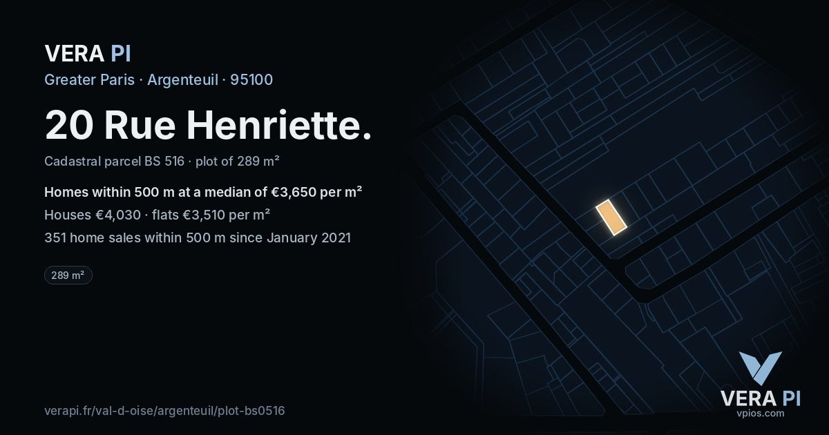 20 Rue Henriette, Argenteuil at night – the plot lit, the parcels around coloured by the prices near them