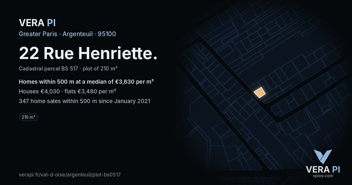 22 Rue Henriette, Argenteuil at night – the plot lit, the parcels around coloured by the prices near them