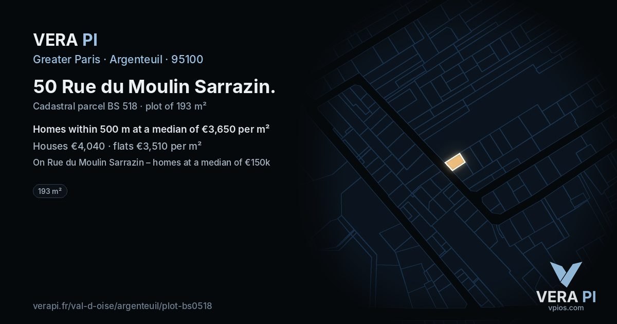50 Rue du Moulin Sarrazin, Argenteuil at night – the plot lit, the parcels around coloured by the prices near them