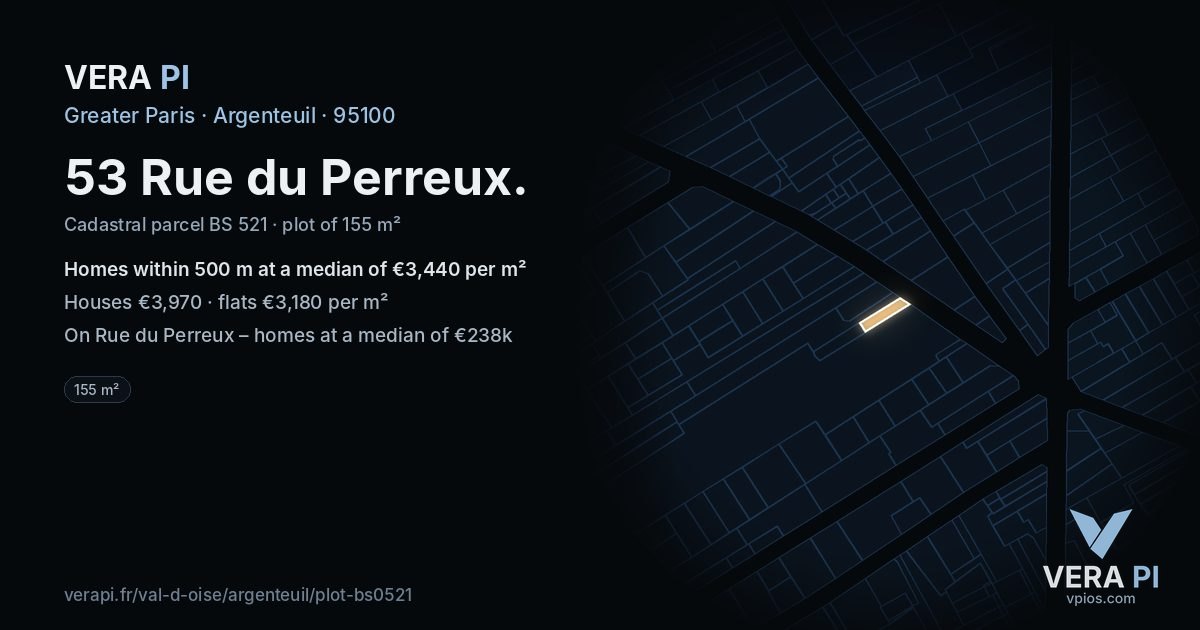 53 Rue du Perreux, Argenteuil at night – the plot lit, the parcels around coloured by the prices near them