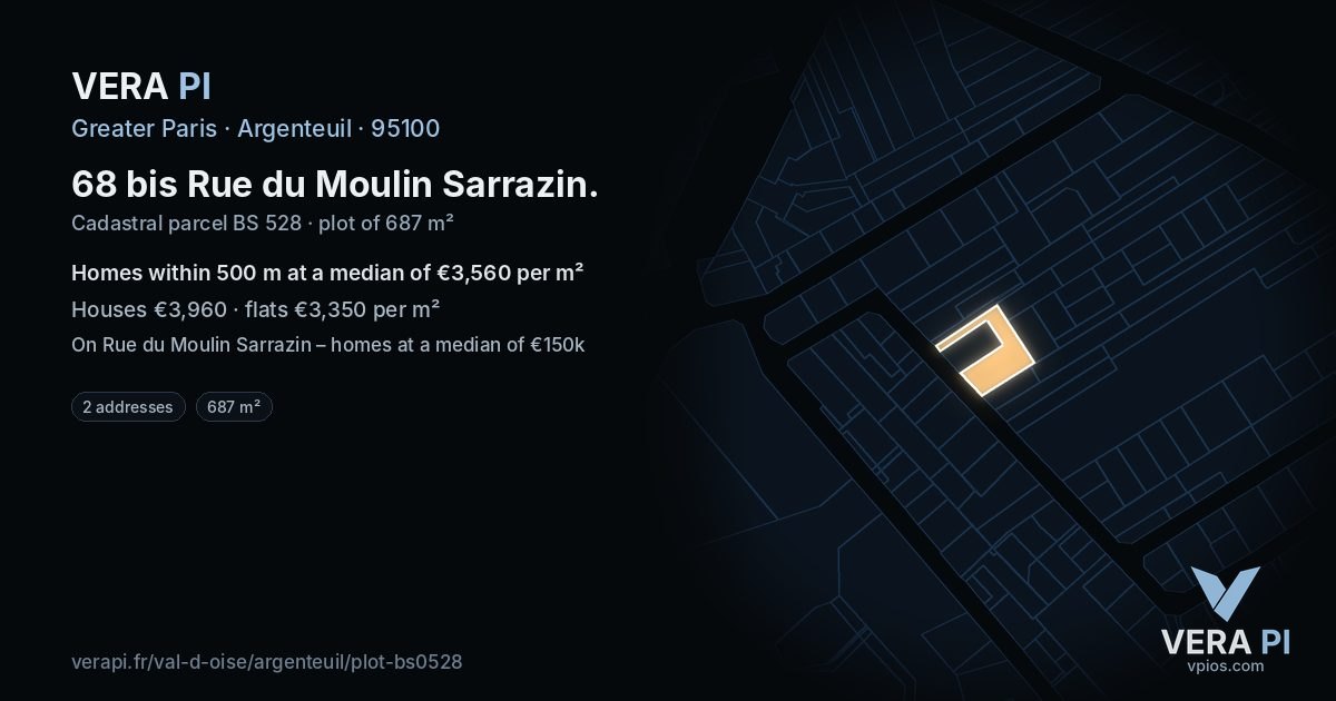 68 bis Rue du Moulin Sarrazin, Argenteuil at night – the plot lit, the parcels around coloured by the prices near them