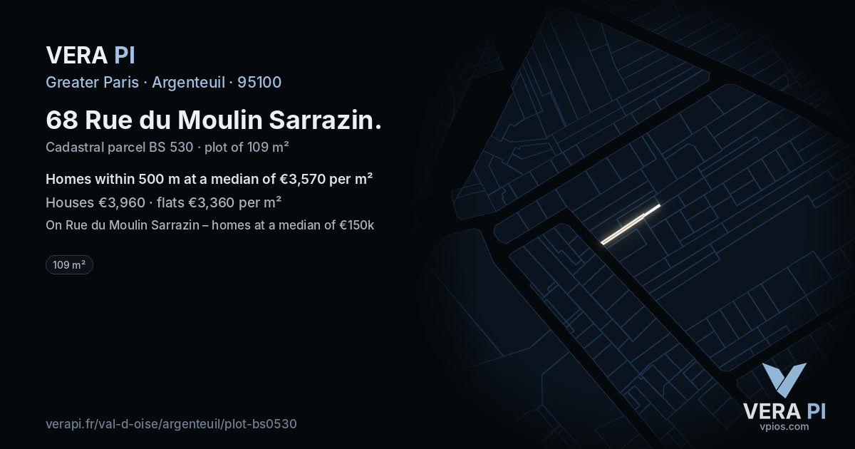 68 Rue du Moulin Sarrazin, Argenteuil at night – the plot lit, the parcels around coloured by the prices near them