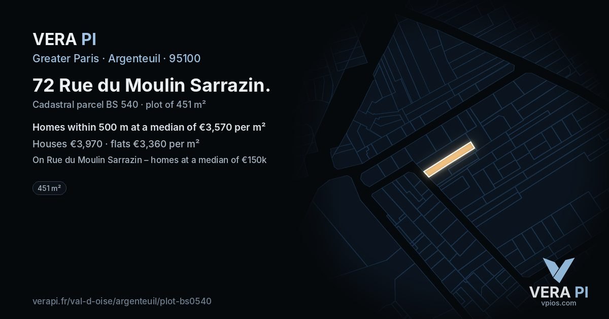 72 Rue du Moulin Sarrazin, Argenteuil at night – the plot lit, the parcels around coloured by the prices near them