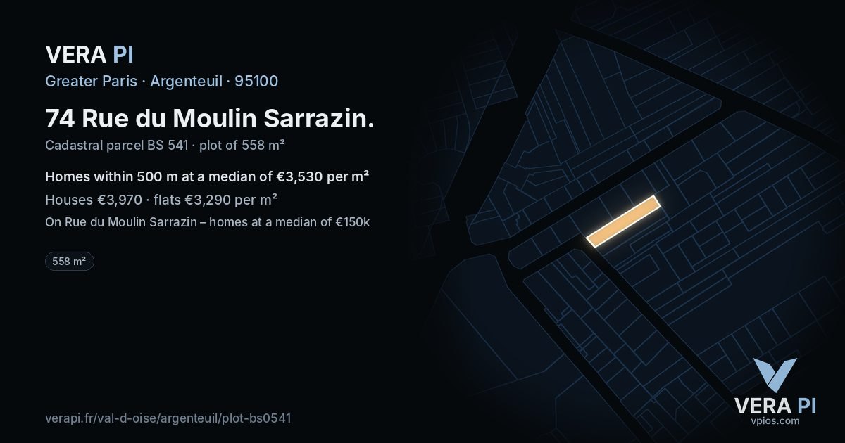 74 Rue du Moulin Sarrazin, Argenteuil at night – the plot lit, the parcels around coloured by the prices near them