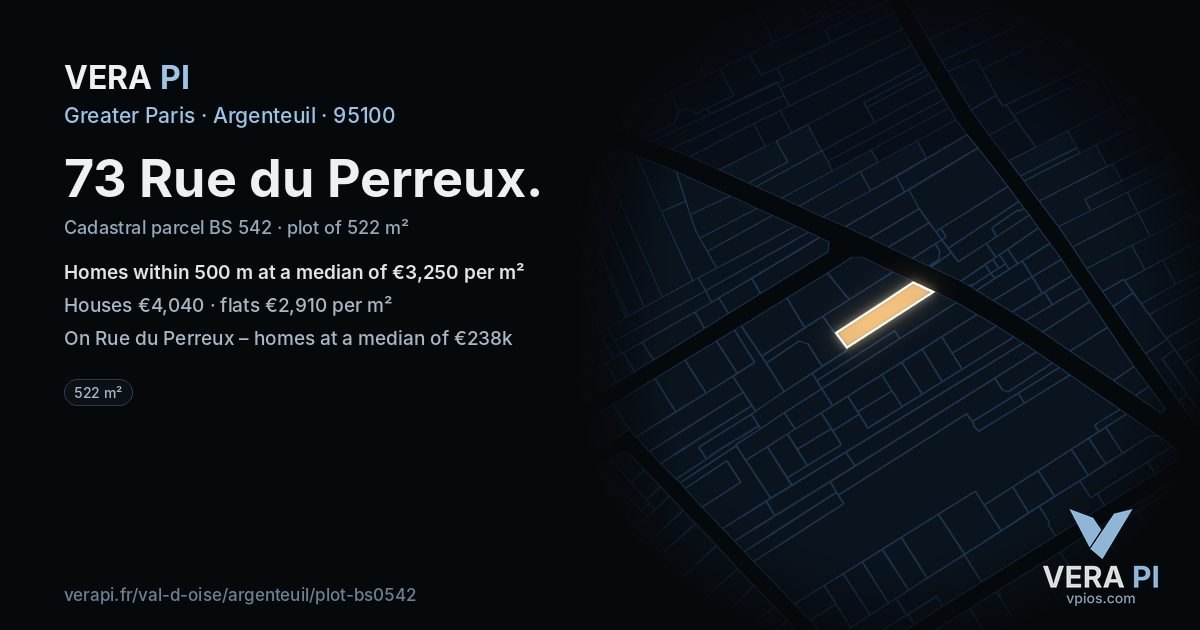 73 Rue du Perreux, Argenteuil at night – the plot lit, the parcels around coloured by the prices near them