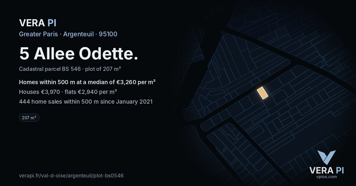 5 Allee Odette, Argenteuil at night – the plot lit, the parcels around coloured by the prices near them