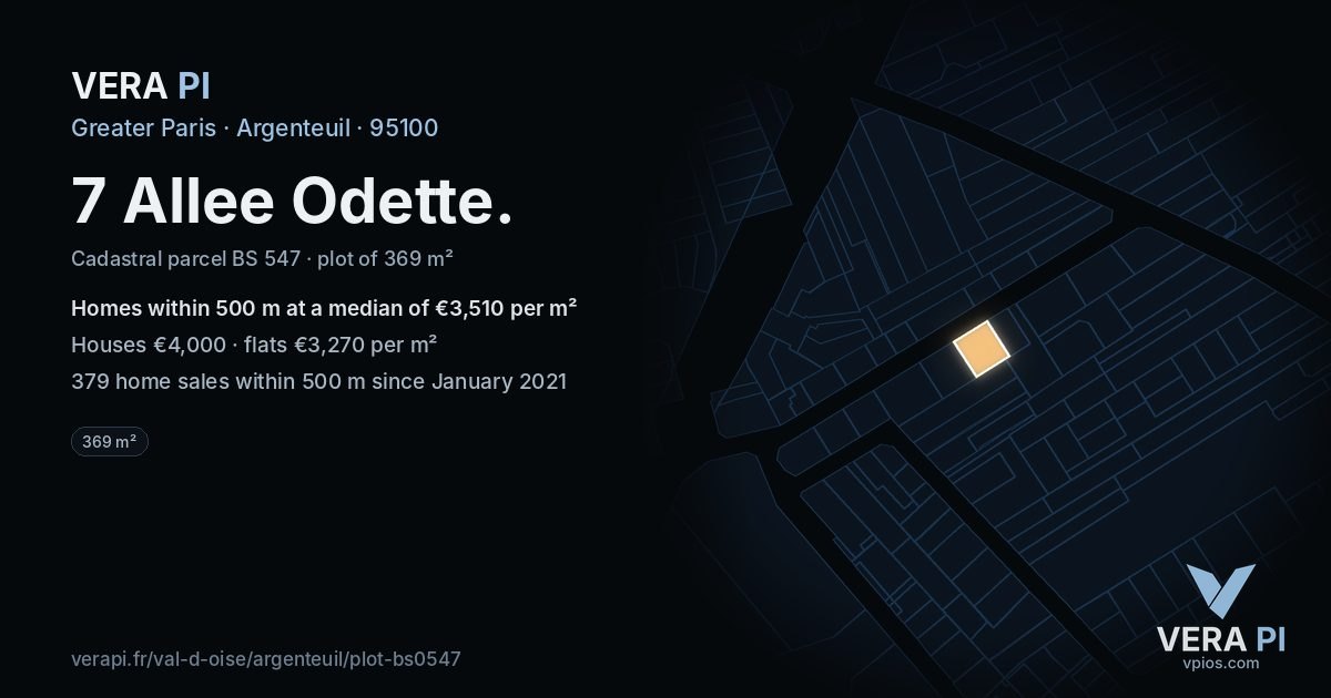 7 Allee Odette, Argenteuil at night – the plot lit, the parcels around coloured by the prices near them