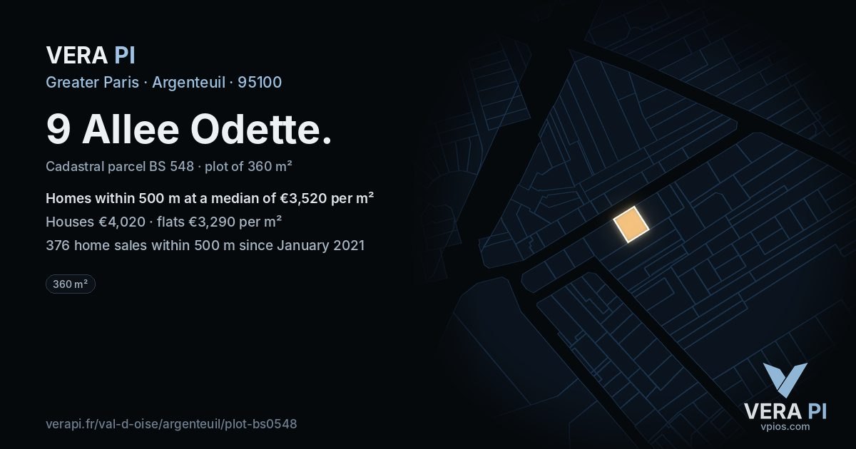 9 Allee Odette, Argenteuil at night – the plot lit, the parcels around coloured by the prices near them