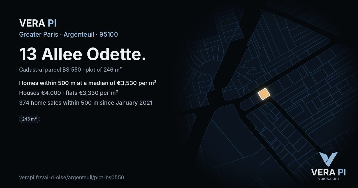 13 Allee Odette, Argenteuil at night – the plot lit, the parcels around coloured by the prices near them