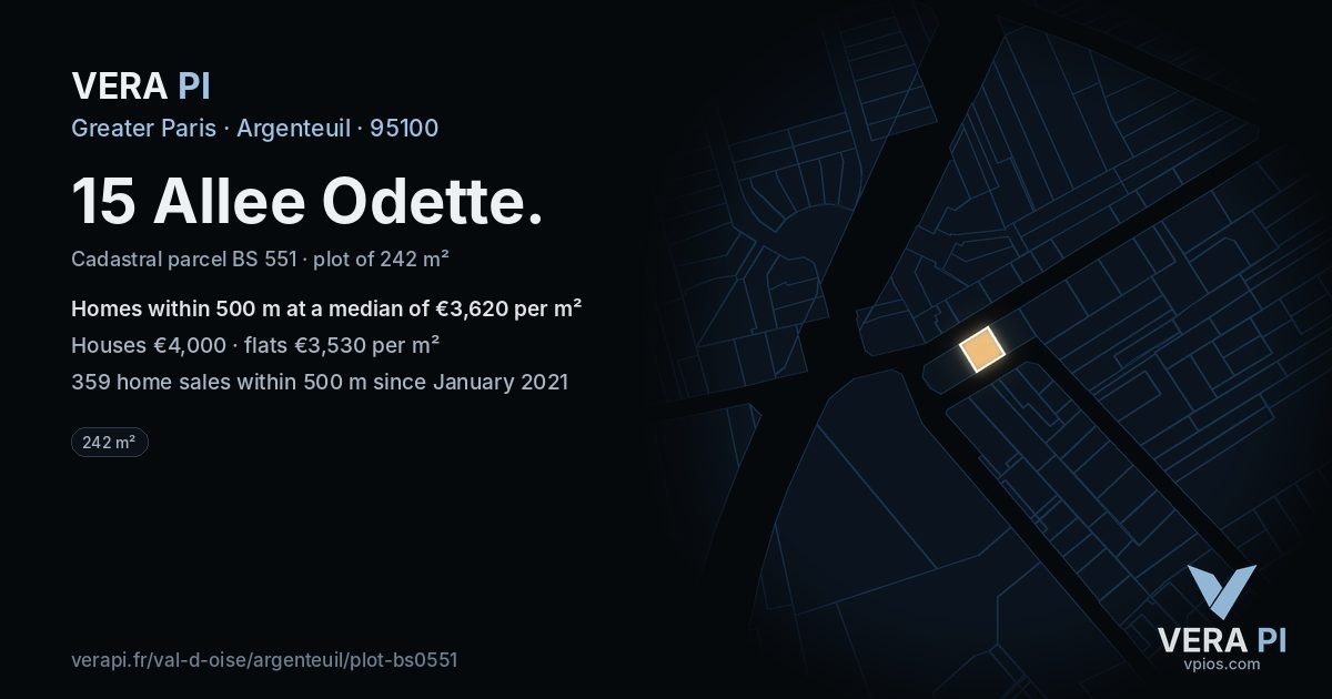 15 Allee Odette, Argenteuil at night – the plot lit, the parcels around coloured by the prices near them