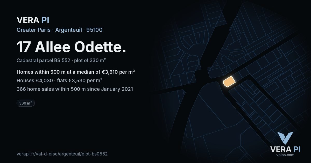 17 Allee Odette, Argenteuil at night – the plot lit, the parcels around coloured by the prices near them