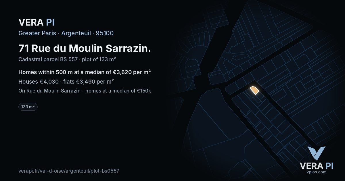 71 Rue du Moulin Sarrazin, Argenteuil at night – the plot lit, the parcels around coloured by the prices near them
