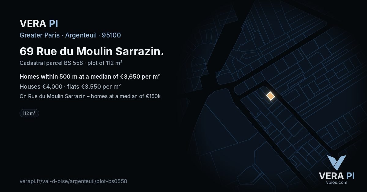 69 Rue du Moulin Sarrazin, Argenteuil at night – the plot lit, the parcels around coloured by the prices near them