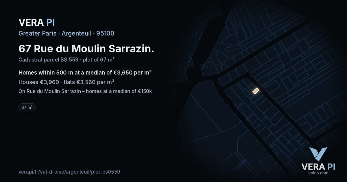 67 Rue du Moulin Sarrazin, Argenteuil at night – the plot lit, the parcels around coloured by the prices near them
