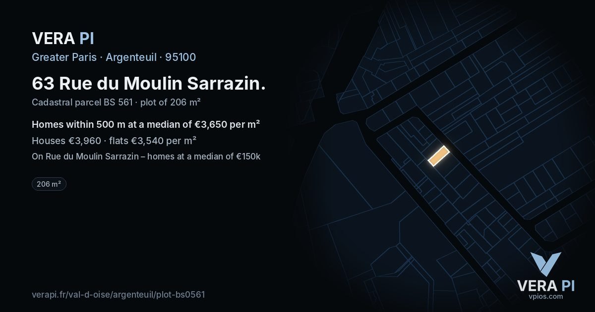 63 Rue du Moulin Sarrazin, Argenteuil at night – the plot lit, the parcels around coloured by the prices near them