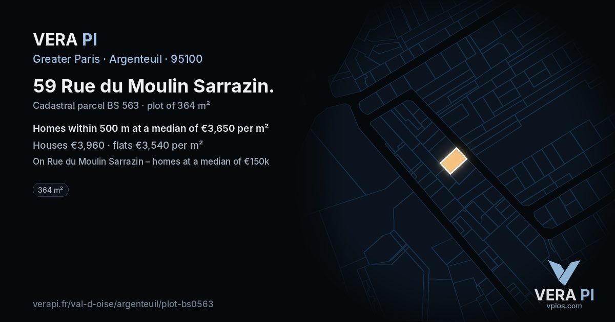59 Rue du Moulin Sarrazin, Argenteuil at night – the plot lit, the parcels around coloured by the prices near them