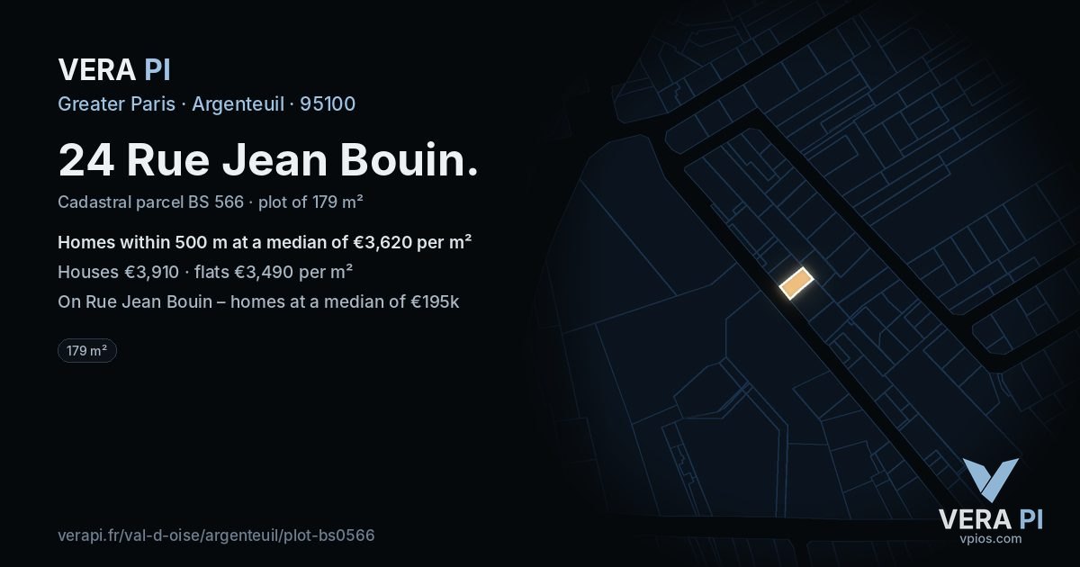 24 Rue Jean Bouin, Argenteuil at night – the plot lit, the parcels around coloured by the prices near them
