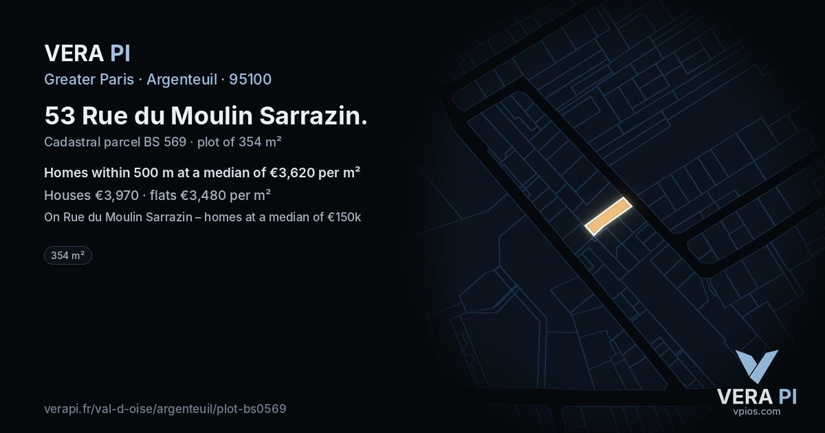 53 Rue du Moulin Sarrazin, Argenteuil at night – the plot lit, the parcels around coloured by the prices near them