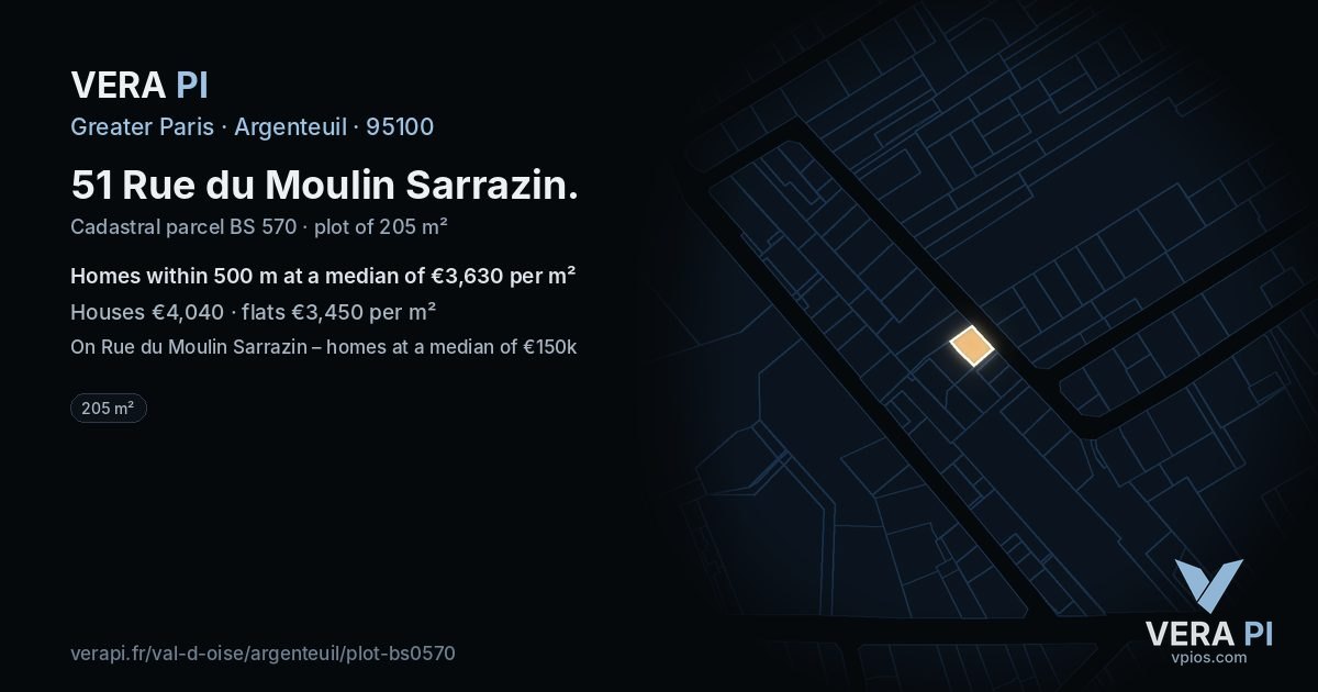 51 Rue du Moulin Sarrazin, Argenteuil at night – the plot lit, the parcels around coloured by the prices near them