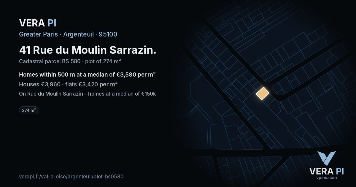 41 Rue du Moulin Sarrazin, Argenteuil at night – the plot lit, the parcels around coloured by the prices near them