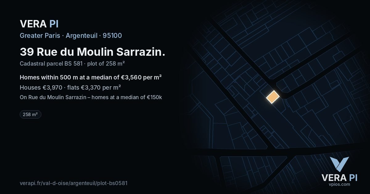 39 Rue du Moulin Sarrazin, Argenteuil at night – the plot lit, the parcels around coloured by the prices near them