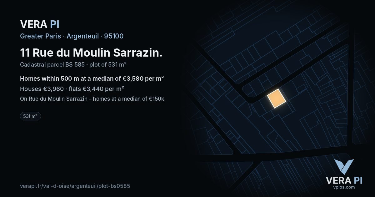 11 Rue du Moulin Sarrazin, Argenteuil at night – the plot lit, the parcels around coloured by the prices near them