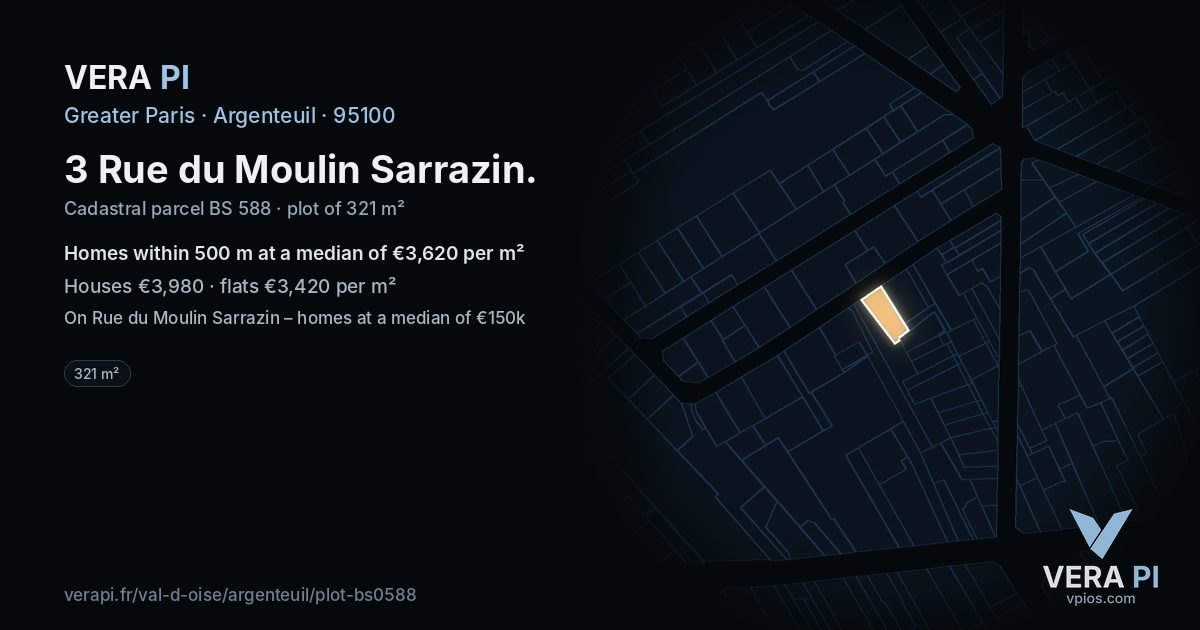 3 Rue du Moulin Sarrazin, Argenteuil at night – the plot lit, the parcels around coloured by the prices near them
