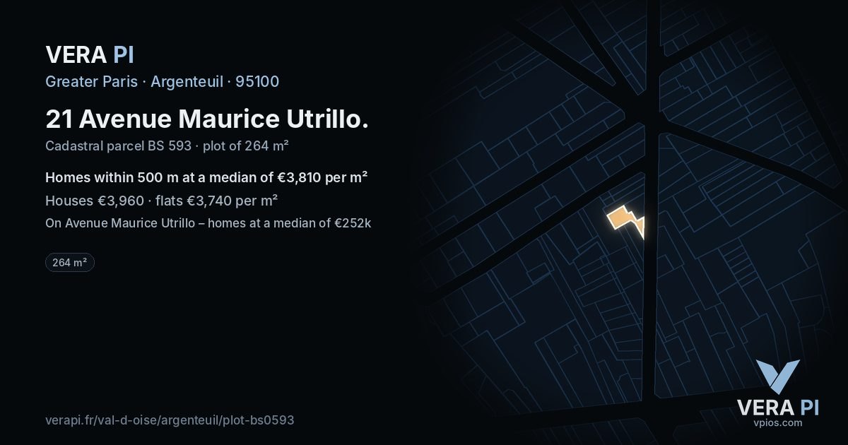 21 Avenue Maurice Utrillo, Argenteuil at night – the plot lit, the parcels around coloured by the prices near them