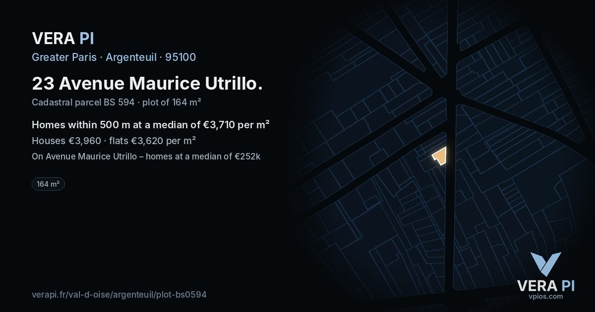 23 Avenue Maurice Utrillo, Argenteuil at night – the plot lit, the parcels around coloured by the prices near them