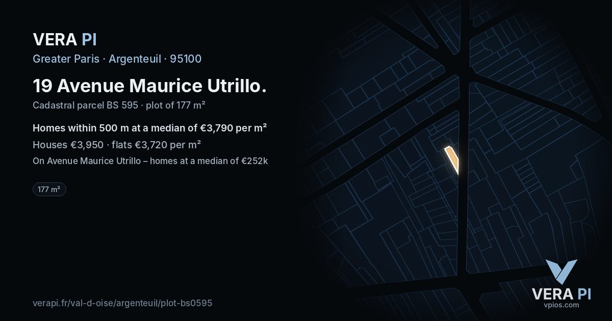 19 Avenue Maurice Utrillo, Argenteuil at night – the plot lit, the parcels around coloured by the prices near them