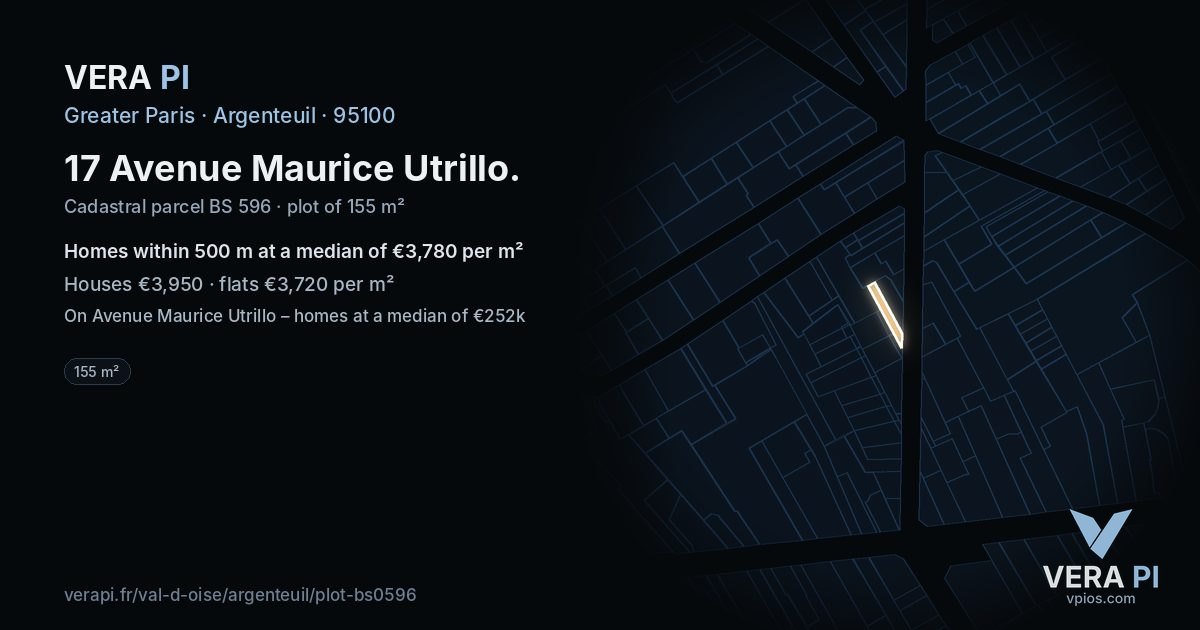 17 Avenue Maurice Utrillo, Argenteuil at night – the plot lit, the parcels around coloured by the prices near them
