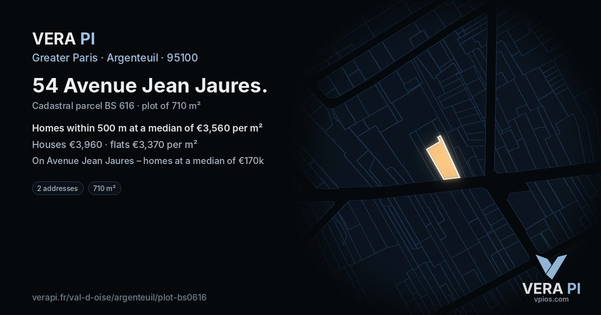 54 Avenue Jean Jaures, Argenteuil at night – the plot lit, the parcels around coloured by the prices near them