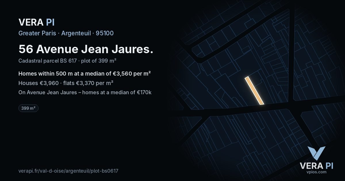 56 Avenue Jean Jaures, Argenteuil at night – the plot lit, the parcels around coloured by the prices near them