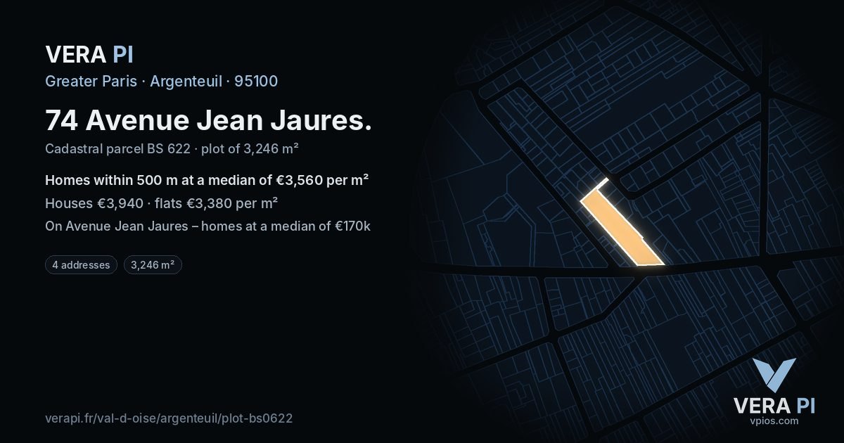 74 Avenue Jean Jaures, Argenteuil at night – the plot lit, the parcels around coloured by the prices near them