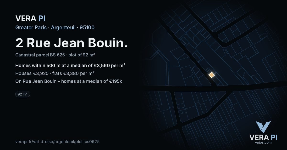 2 Rue Jean Bouin, Argenteuil at night – the plot lit, the parcels around coloured by the prices near them