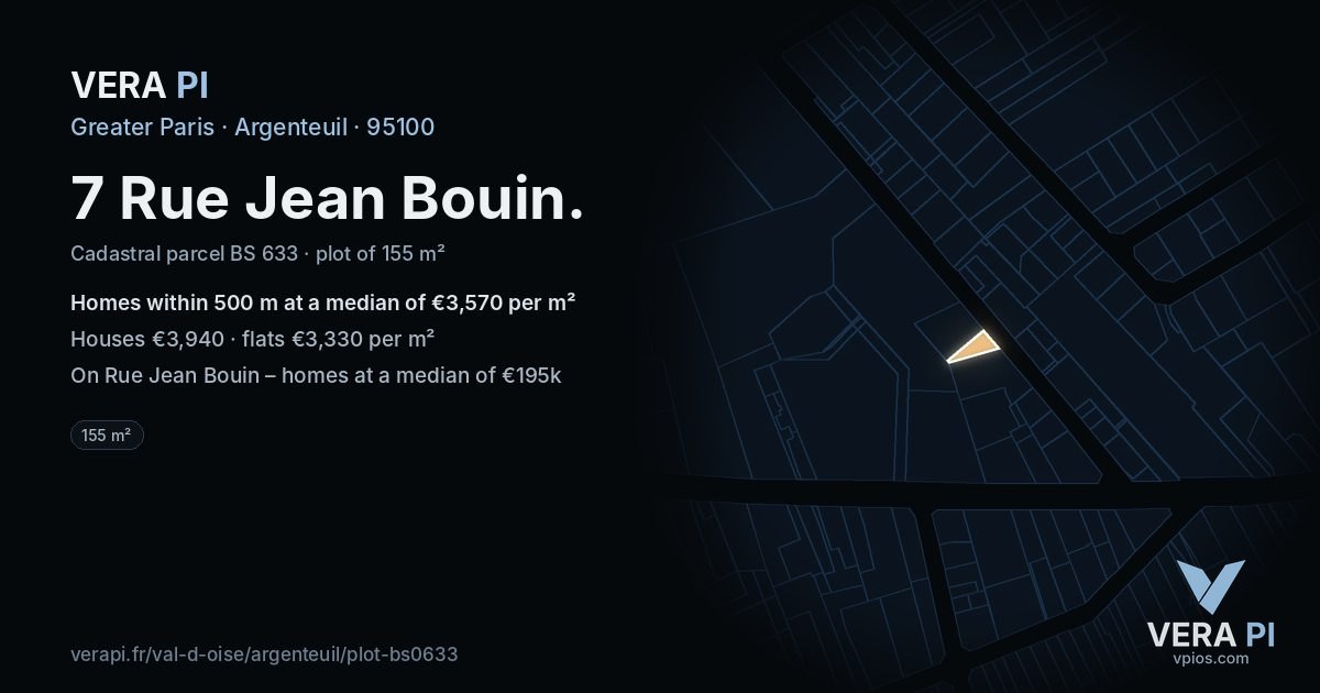 7 Rue Jean Bouin, Argenteuil at night – the plot lit, the parcels around coloured by the prices near them