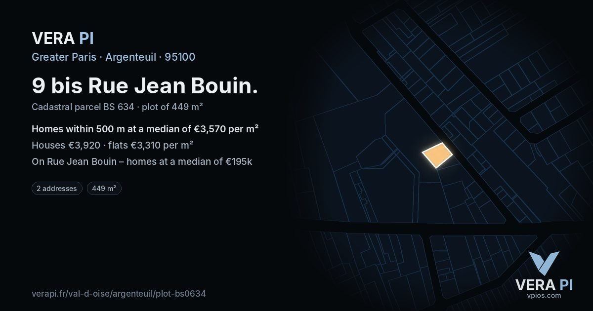 9 bis Rue Jean Bouin, Argenteuil at night – the plot lit, the parcels around coloured by the prices near them