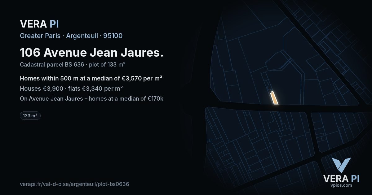 106 Avenue Jean Jaures, Argenteuil at night – the plot lit, the parcels around coloured by the prices near them