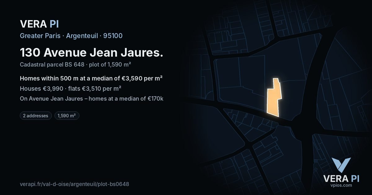 130 Avenue Jean Jaures, Argenteuil at night – the plot lit, the parcels around coloured by the prices near them
