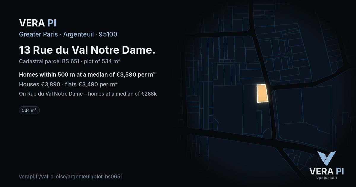 13 Rue du Val Notre Dame, Argenteuil at night – the plot lit, the parcels around coloured by the prices near them