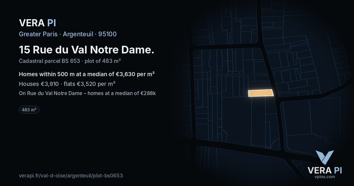 15 Rue du Val Notre Dame, Argenteuil at night – the plot lit, the parcels around coloured by the prices near them