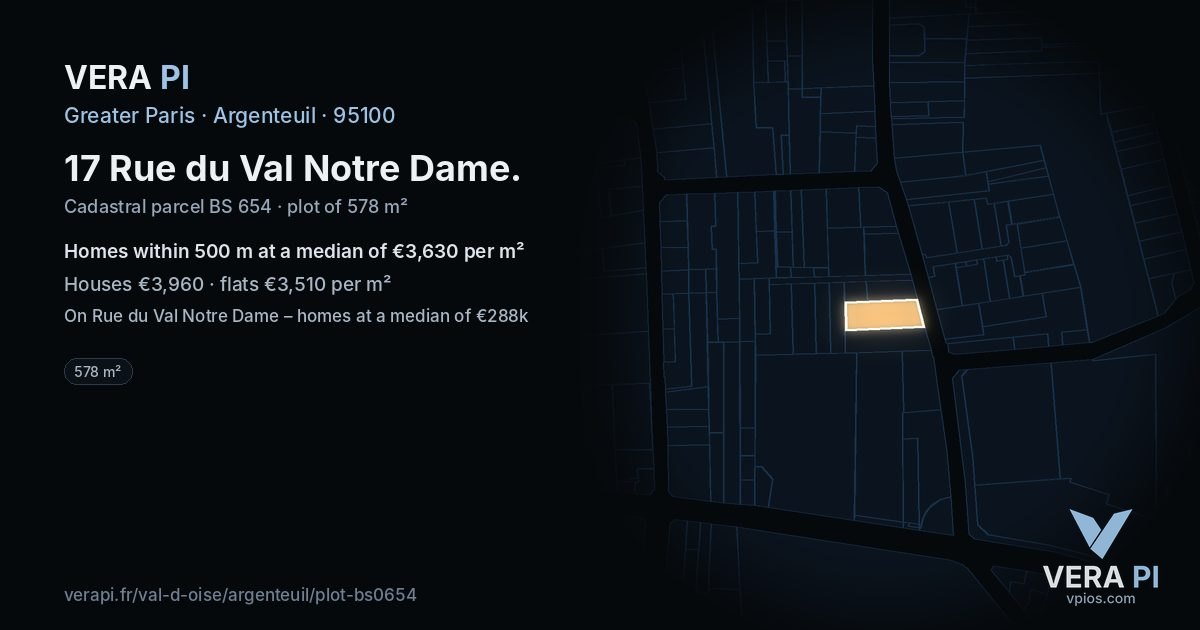 17 Rue du Val Notre Dame, Argenteuil at night – the plot lit, the parcels around coloured by the prices near them