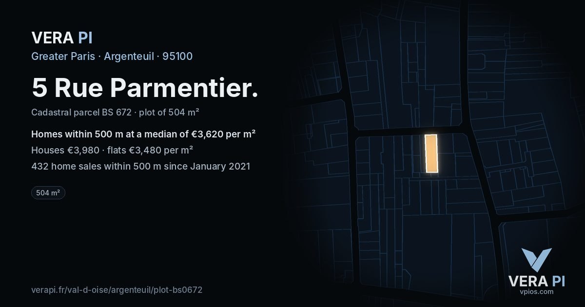 5 Rue Parmentier, Argenteuil at night – the plot lit, the parcels around coloured by the prices near them