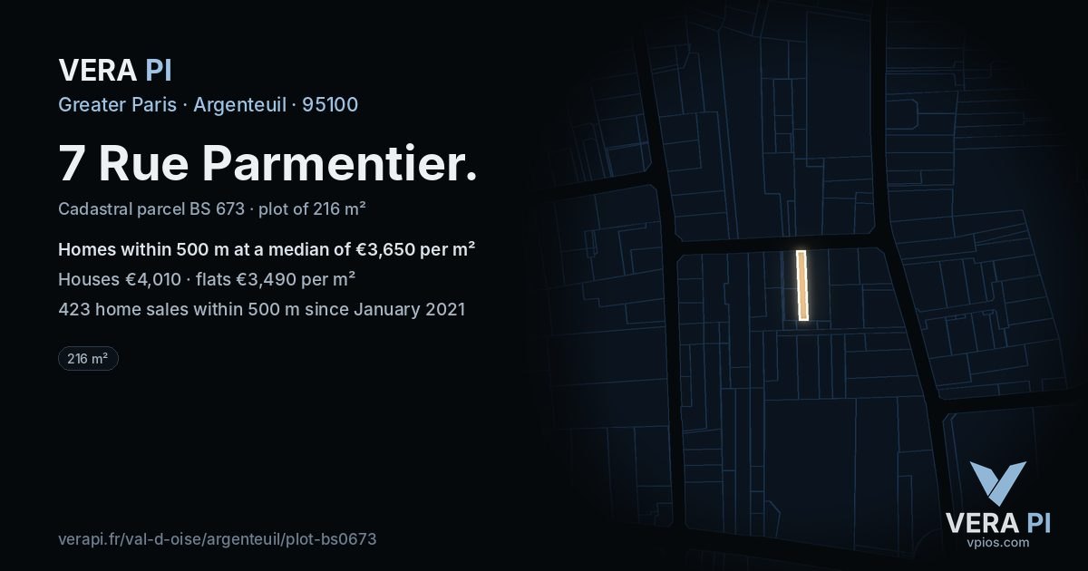 7 Rue Parmentier, Argenteuil at night – the plot lit, the parcels around coloured by the prices near them