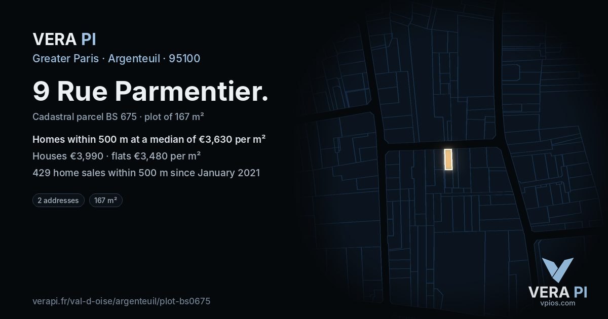 9 Rue Parmentier, Argenteuil at night – the plot lit, the parcels around coloured by the prices near them