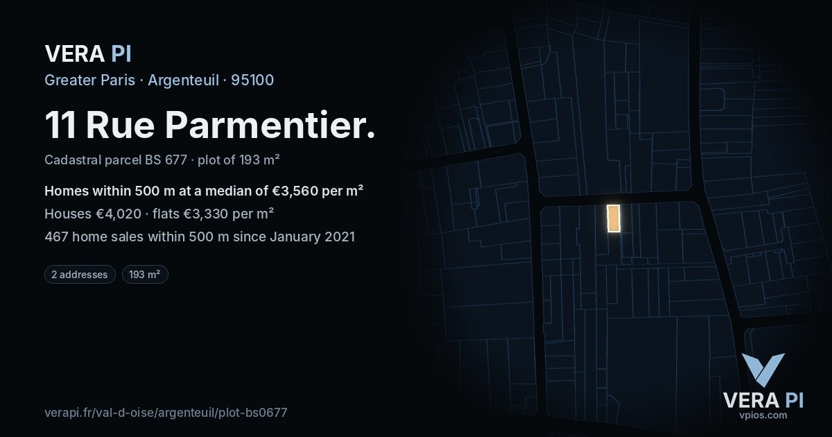 11 Rue Parmentier, Argenteuil at night – the plot lit, the parcels around coloured by the prices near them