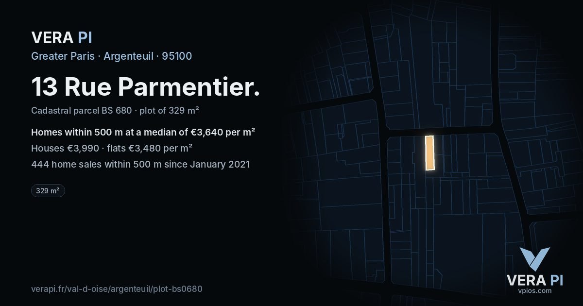 13 Rue Parmentier, Argenteuil at night – the plot lit, the parcels around coloured by the prices near them