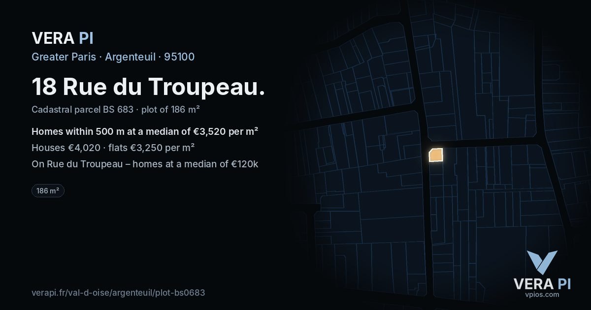 18 Rue du Troupeau, Argenteuil at night – the plot lit, the parcels around coloured by the prices near them