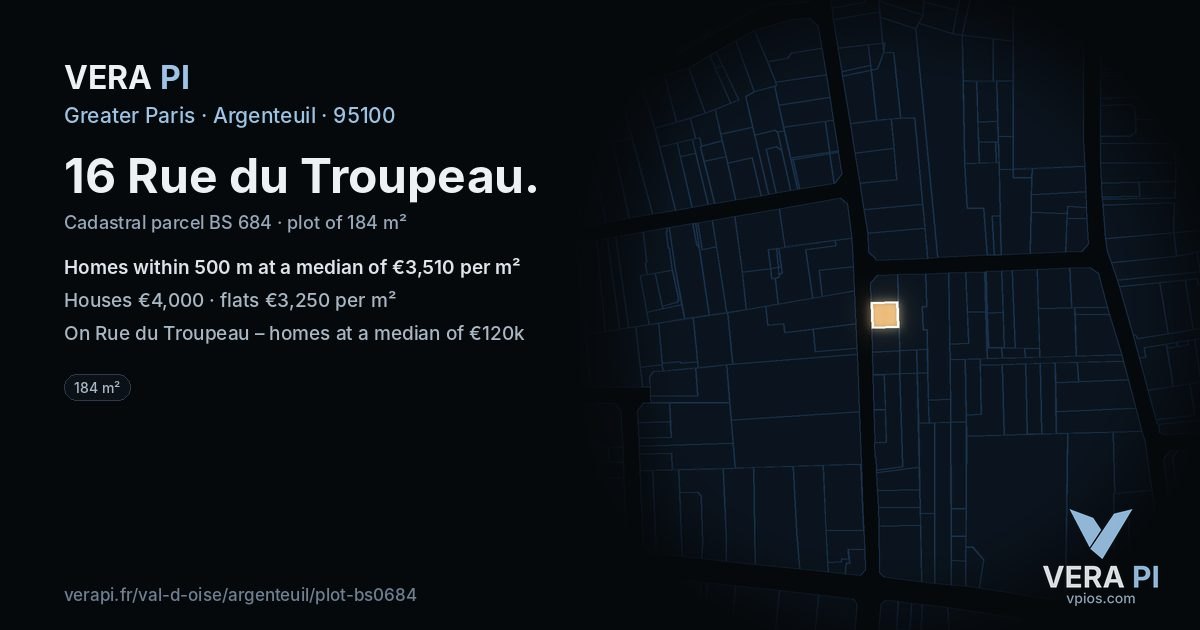 16 Rue du Troupeau, Argenteuil at night – the plot lit, the parcels around coloured by the prices near them
